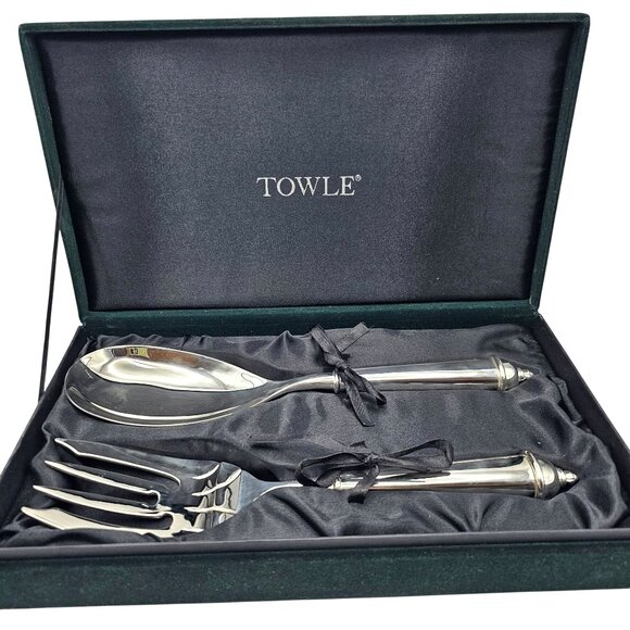 Towle Copenhagen Silverplated Serving Spoon & Fork Set Velvet Gift Box - Picture 1 of 12